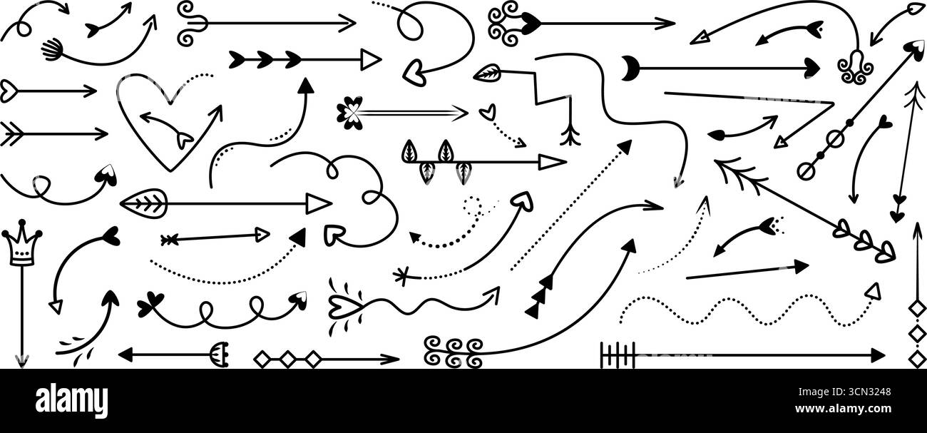 Schwarze Linie Pfeile Kritzelsatz, verschiedene Vektor-Schwarzweiß-Umrisse Navigationsschilder. Lineare dekorative Symbole in verschiedenen Formen und Richtungen Stock Vektor