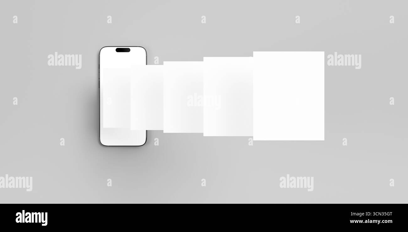 Social Media Post Mockup. Draufsicht eines Mobiltelefons mit App-Seitendesign für Benutzer-Karussell nach dem Feed. Stockfoto