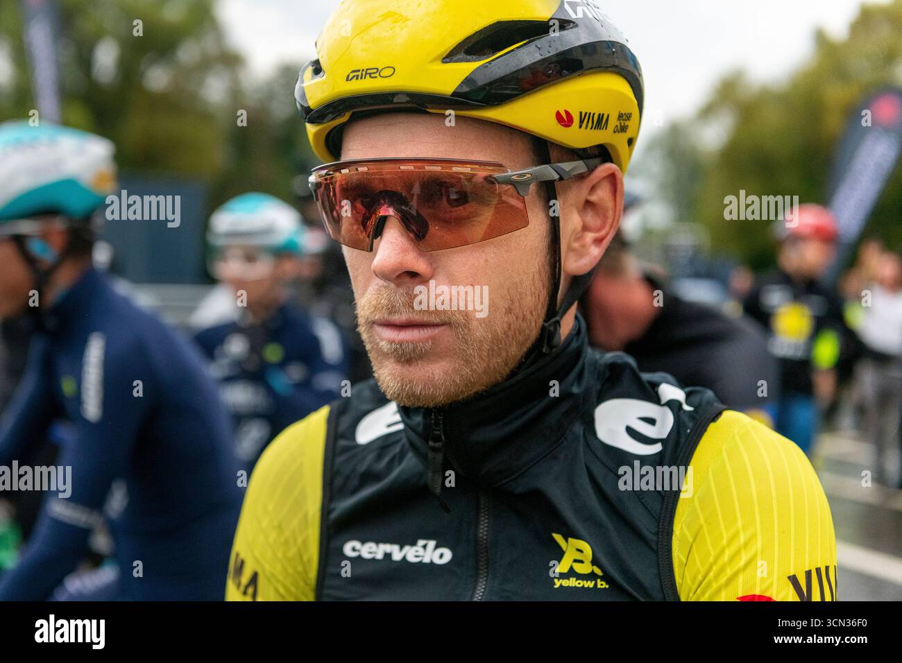 21. Tour durch Großbritannien, Geraint THOMAS Velodrome. Newport. Wales, Großbritannien. Stufe 6.7. September vor dem Rennen Julien Vermote an der Startlinie ein feuchter, regnerischer letzter Tag. Stockfoto