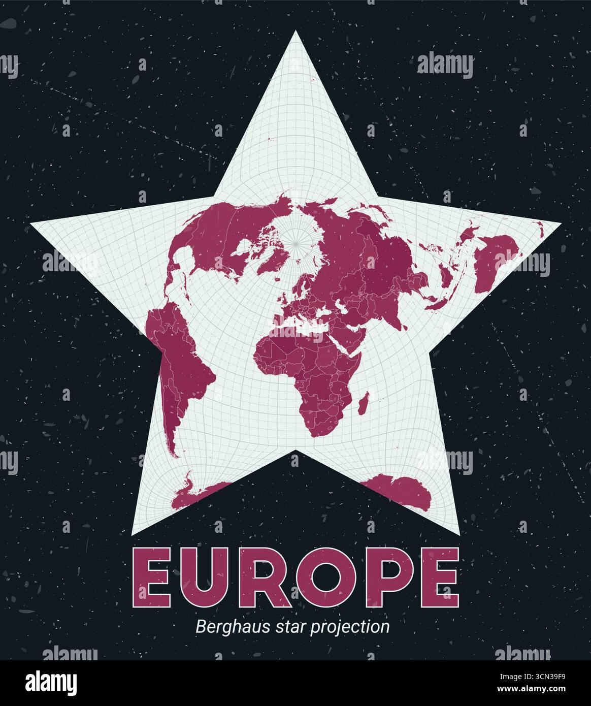 Europa. Weltkarte. Berghaus Sternprojektion mit Schwerpunkt auf Europa. Blassmintfarbene dunkelrosa Palette. Vintage-Textur. Moderne Vektorillustration. Stock Vektor
