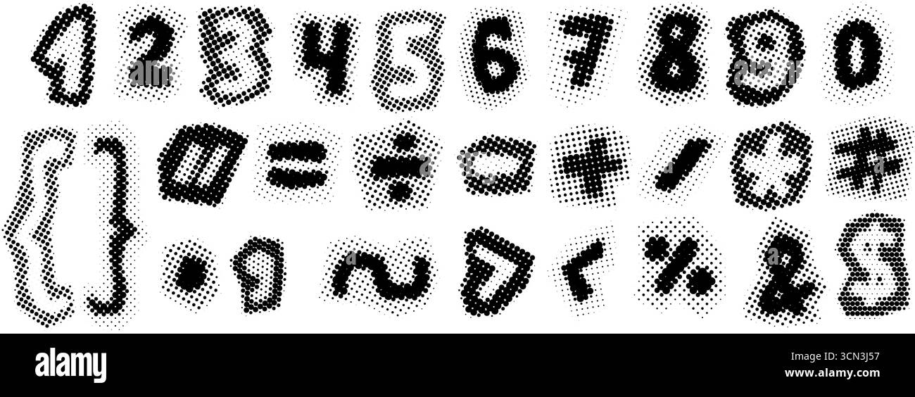 Schwarze Halbtonnummern und Symbole. Retro pixelige Satzzeichen und Zeichen. Comic-Paket im Pop-Art-Stil. Grunge gerastert gepunktete Packung. Veraltete Bitmap-Zeitungen Typografie Set. Vektor Stock Vektor