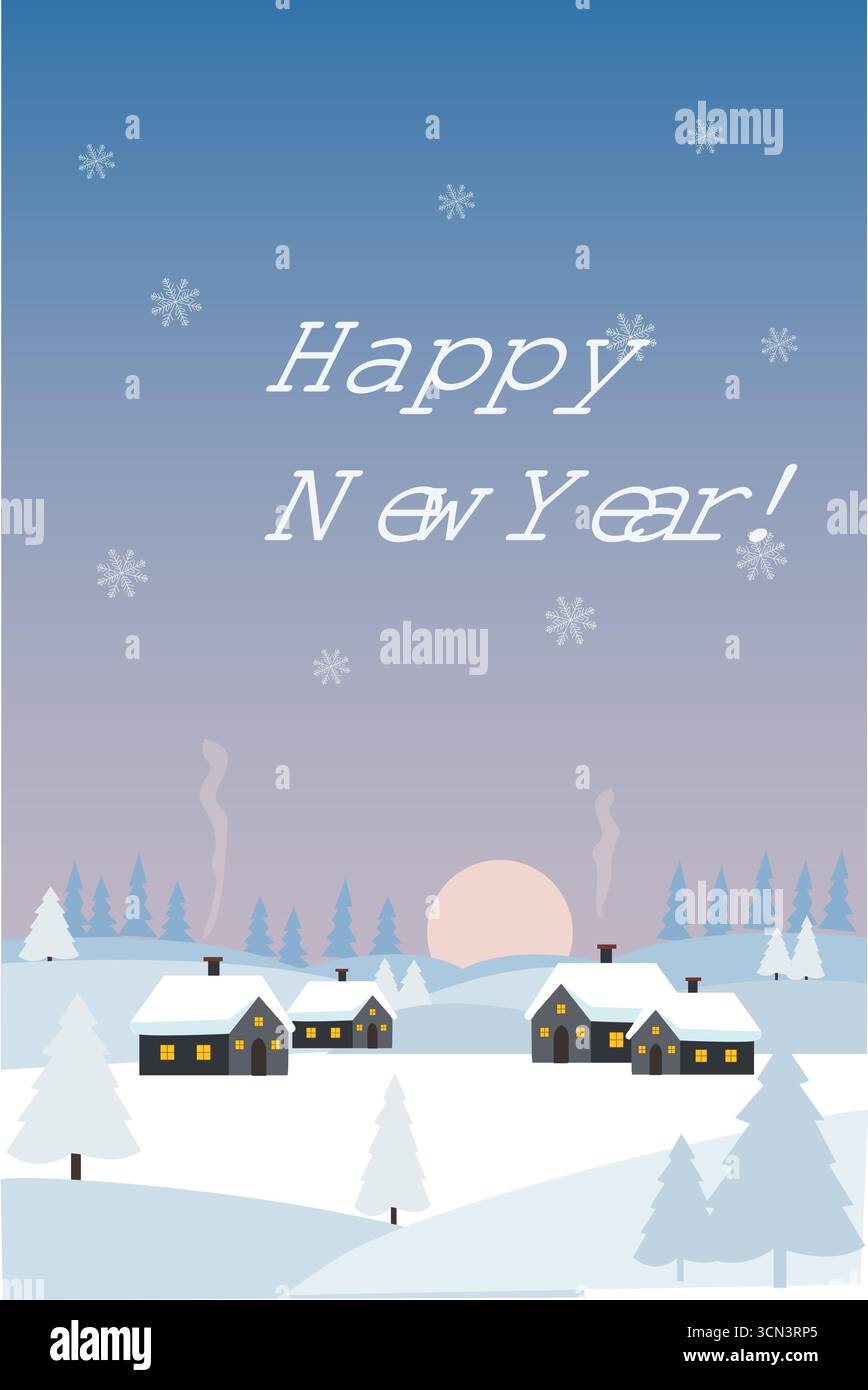 Winterpostkarte mit schneebedeckten Häusern und Bäumen Stock Vektor