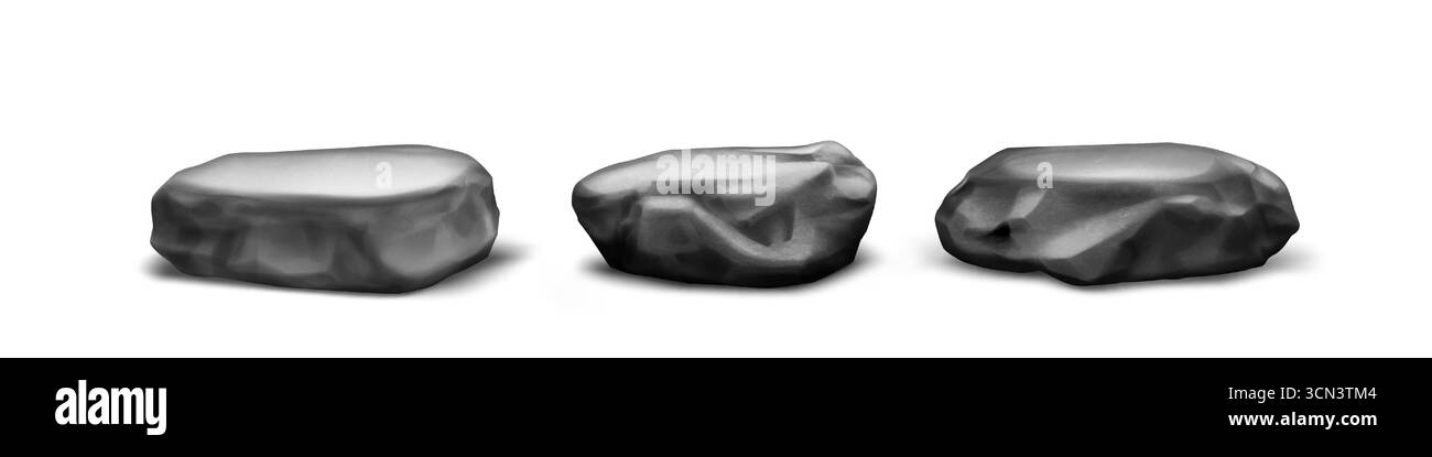 Schwarzes Steinpodium mit rauen geschnitzten Oberflächen, eckigen Kanten und glatten polierten Oberflächen für Displays. Sockel aus Naturgranit auf weißem Hintergrund zur Präsentation von Produkten oder Zen-Arrangements Stock Vektor
