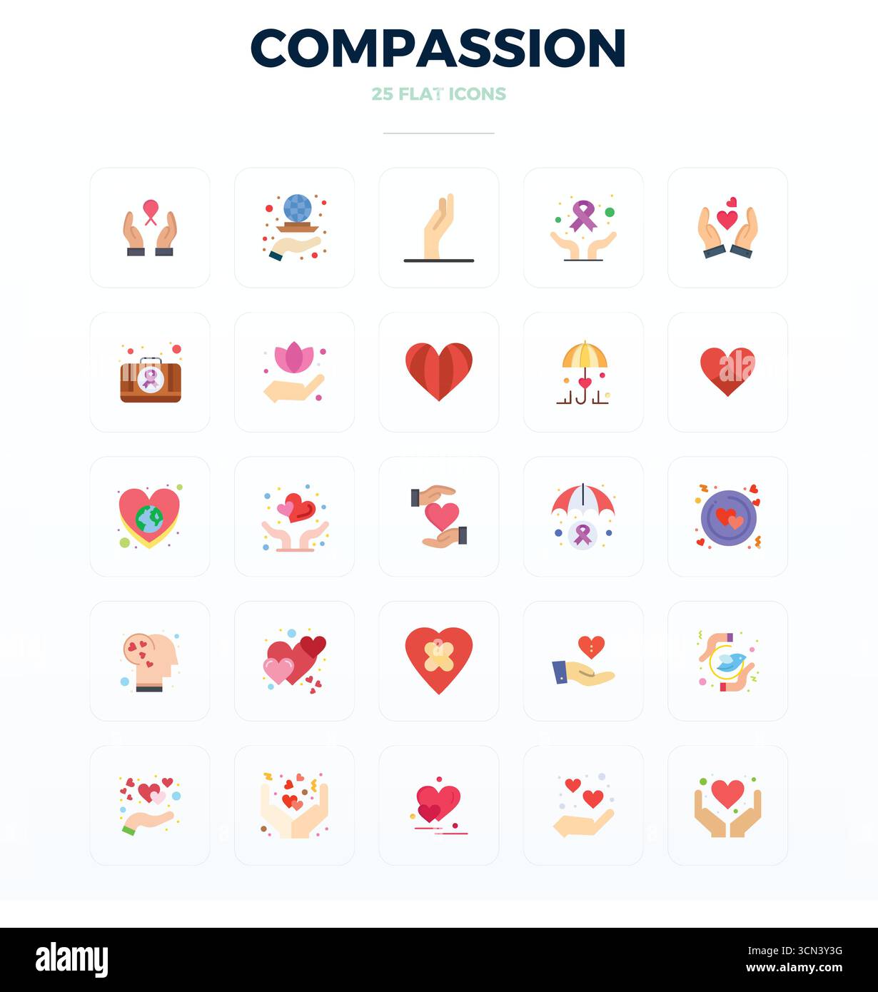 Raffiniertes Paket mit 25 flachen Vektorsymbolen für Mitgefühl, optimiert mit 128x128 PIXELN perfekte Qualität für elegante und funktionale Designlösungen Stock Vektor