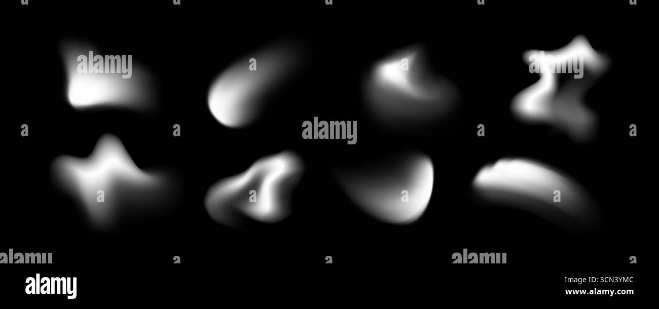 Blob-Kollektion mit weichen weißen Farbverläufen auf schwarzem Hintergrund für abstraktes Design und Überlagerungseffekte. Glatte, moderne organische Elemente mit diffusen, unscharfen Kanten und leuchtenden Flecken Stock Vektor