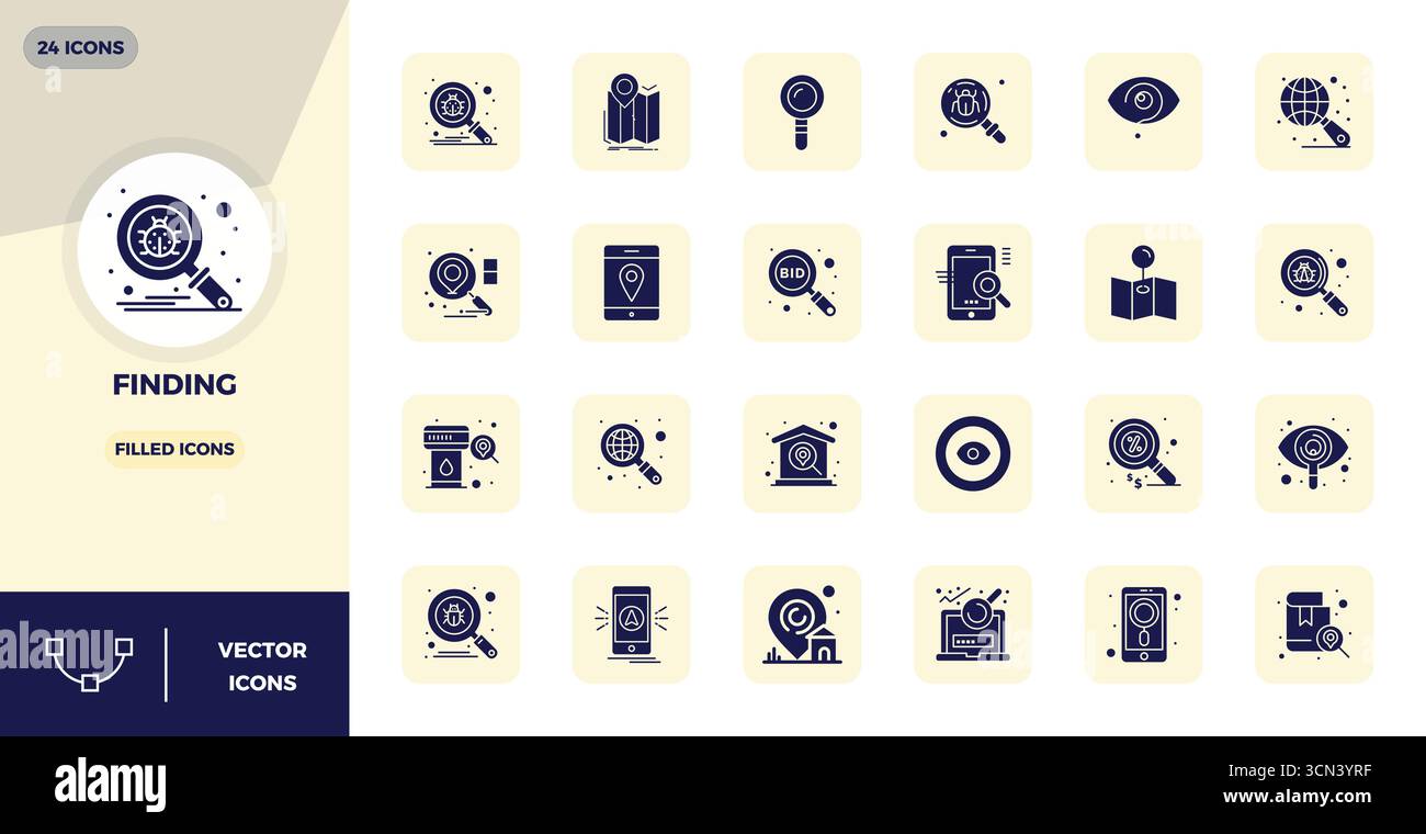 Unverzichtbares Paket mit 24 PIXEL Perfect Vektorsymbolen für die Suche im Glyph-gefüllten Format, Größe 128x128 für optimale Leistung und Skalierbarkeit. Stock Vektor