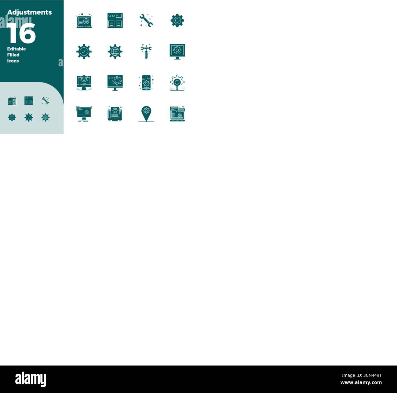 Durchdacht gestaltete 16 Vektorsymbole, die sich um Anpassungen drehen, mit 128x128 PIXEL, perfekter Präzision für moderne Designanforderungen. Stock Vektor