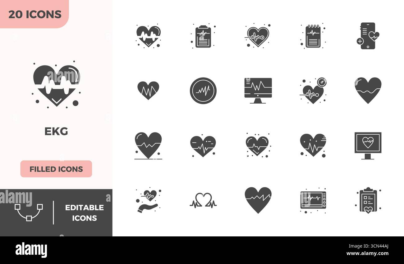 Entsperren Sie 20 Glyph-gefüllte PIXEL Perfect Vektor-Symbole, inspiriert vom EKG, optimiert im Format 128x128 für eine fehlerfreie Anzeige auf allen Geräten. Stock Vektor