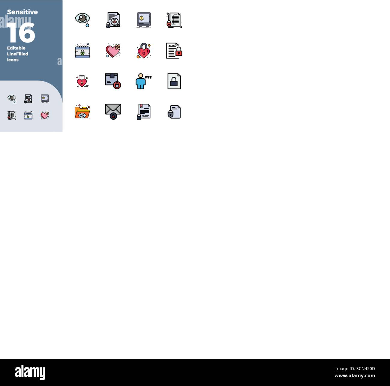 Ein vielseitiger Satz von 16 PIXEL Perfect Vektorsymbolen mit farbenfrohen Linien, die auf empfindliche Bilder ausgerichtet sind, im gestochen scharfen Format 128x128, ideal für Mobilgeräte und Web Stock Vektor