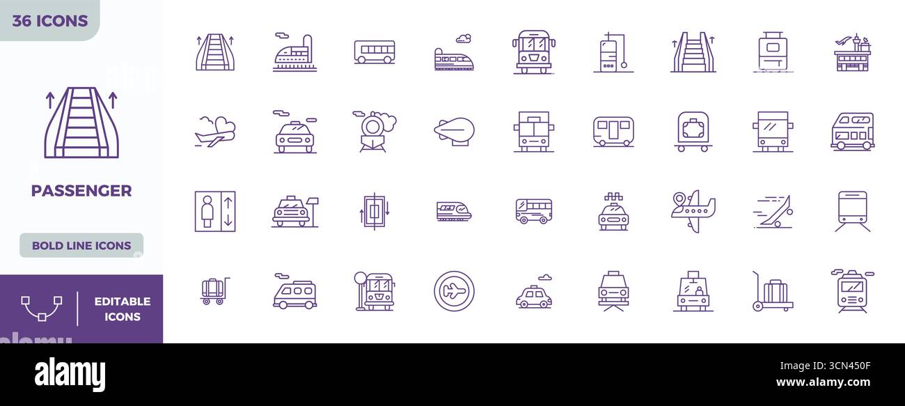 Professionelle Sammlung von 36 Bold Line-Vektorsymbolen, die den Passagier darstellen, gefertigt mit 128x128 PIXELN perfekter Präzision für Unternehmensanwendungen Stock Vektor