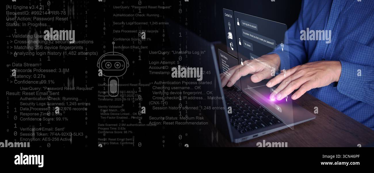 Business-KI-Assistent und Chatbot-Technologie arbeiten im Hintergrund und lösen Kundenprobleme effizient durch Automatisierung, Echtzeitverarbeitung, a Stockfoto