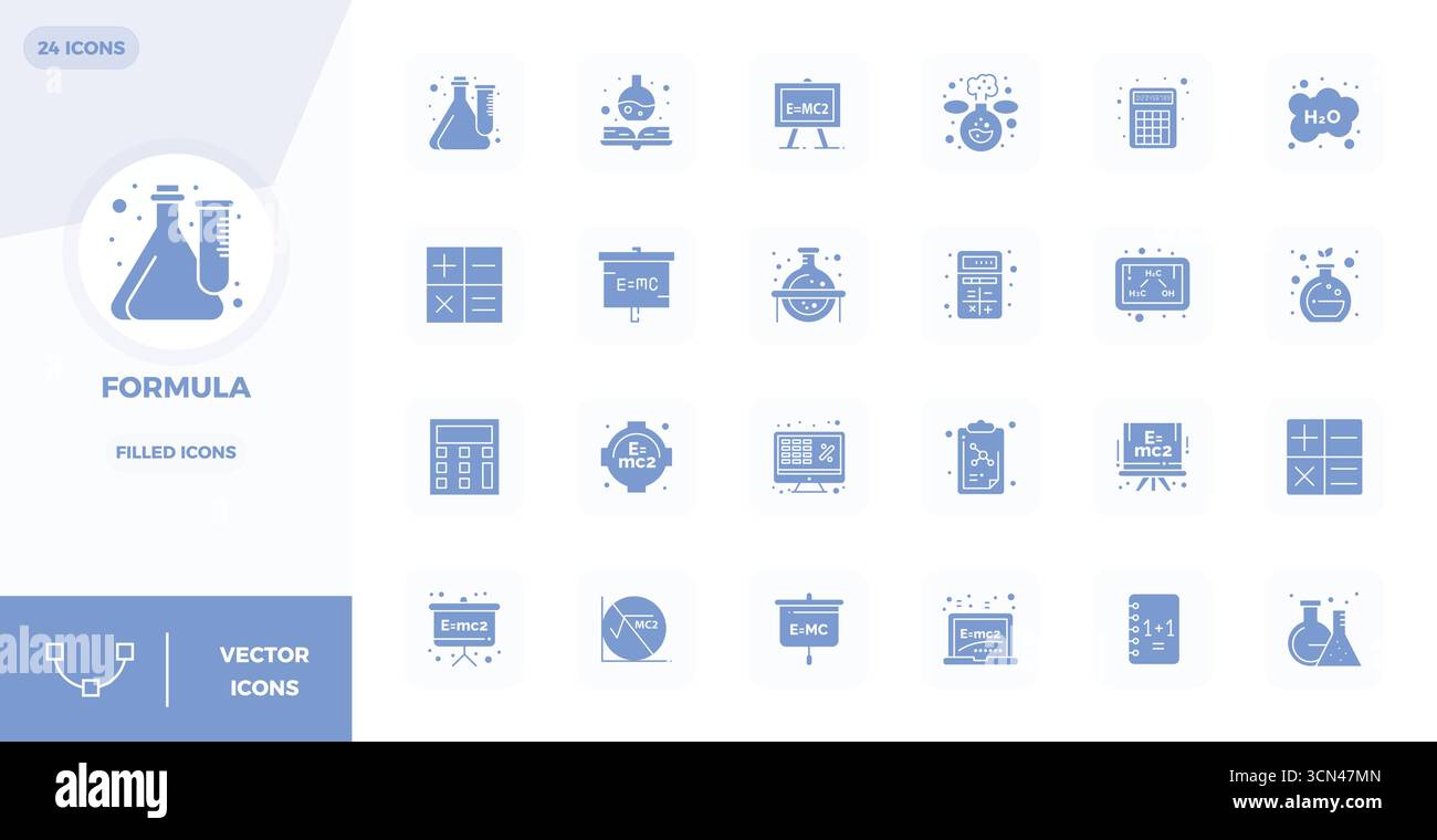 Ein dynamischer Satz von 24 Vektorsymbolen in Glyphe gefüllt, speziell für die Formel mit 128x128 PIXELN, perfekt für digitale Produkte geeignet. Stock Vektor