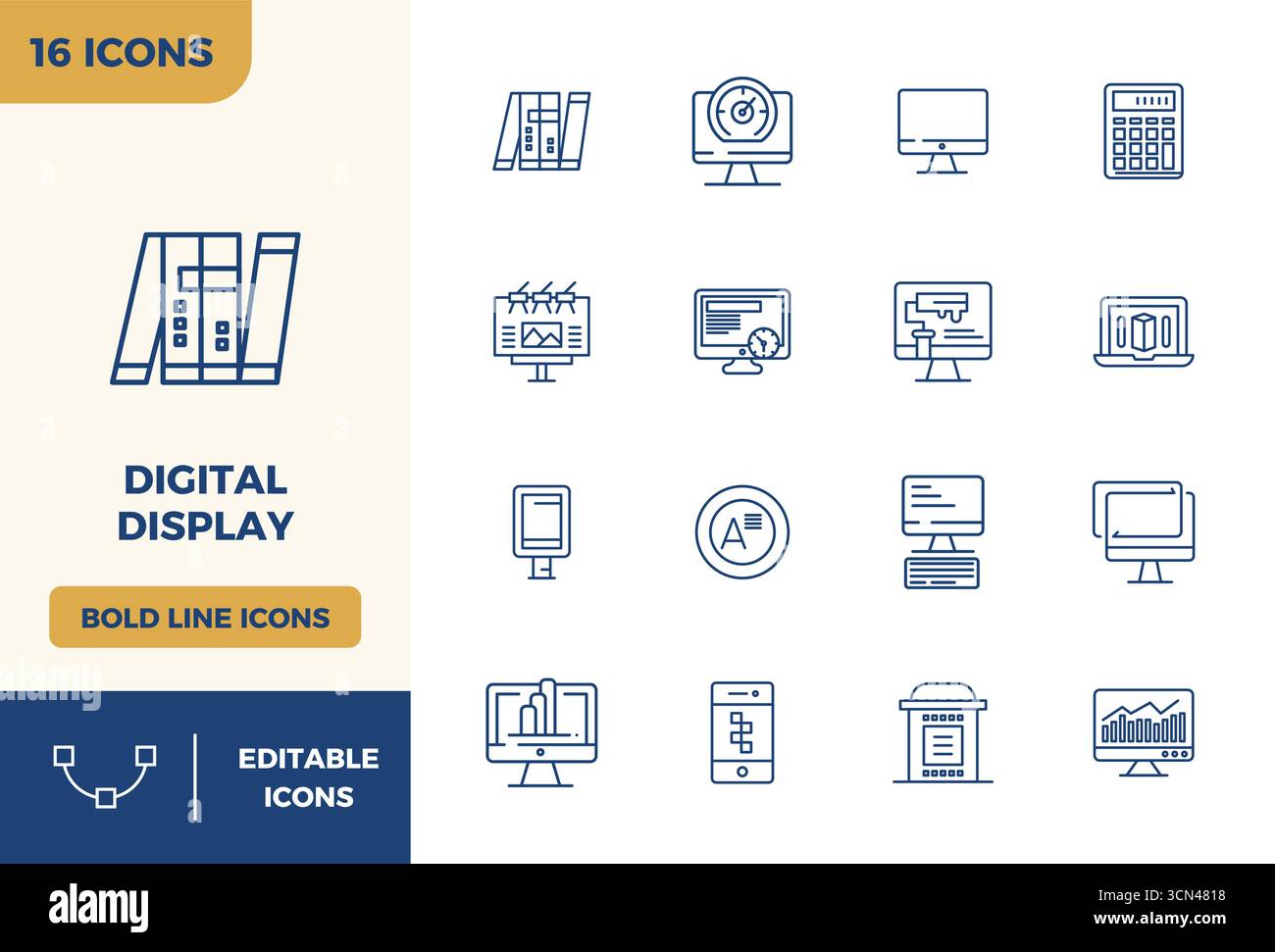 Umfassendes Paket mit 16 Vektorsymbolen im Bold Line-Design für Digitaldisplays, in gestochen scharfer Qualität mit 128x128 PIXELN. Stock Vektor
