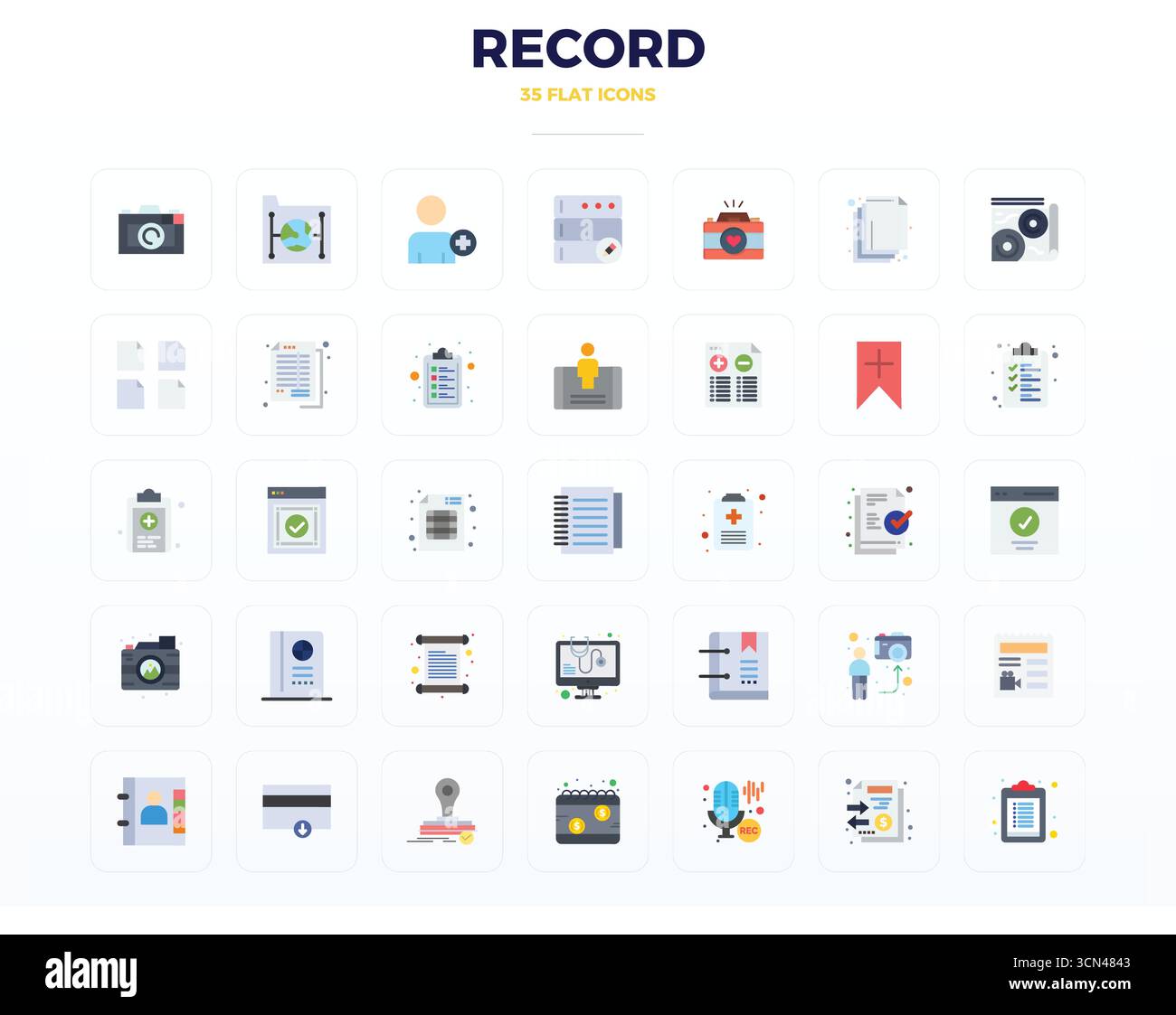 Raffiniertes Paket mit 35 flachen Vektorsymbolen für Record, optimiert mit 128x128 PIXELN perfekte Qualität für elegante und funktionale Designlösungen. Stock Vektor