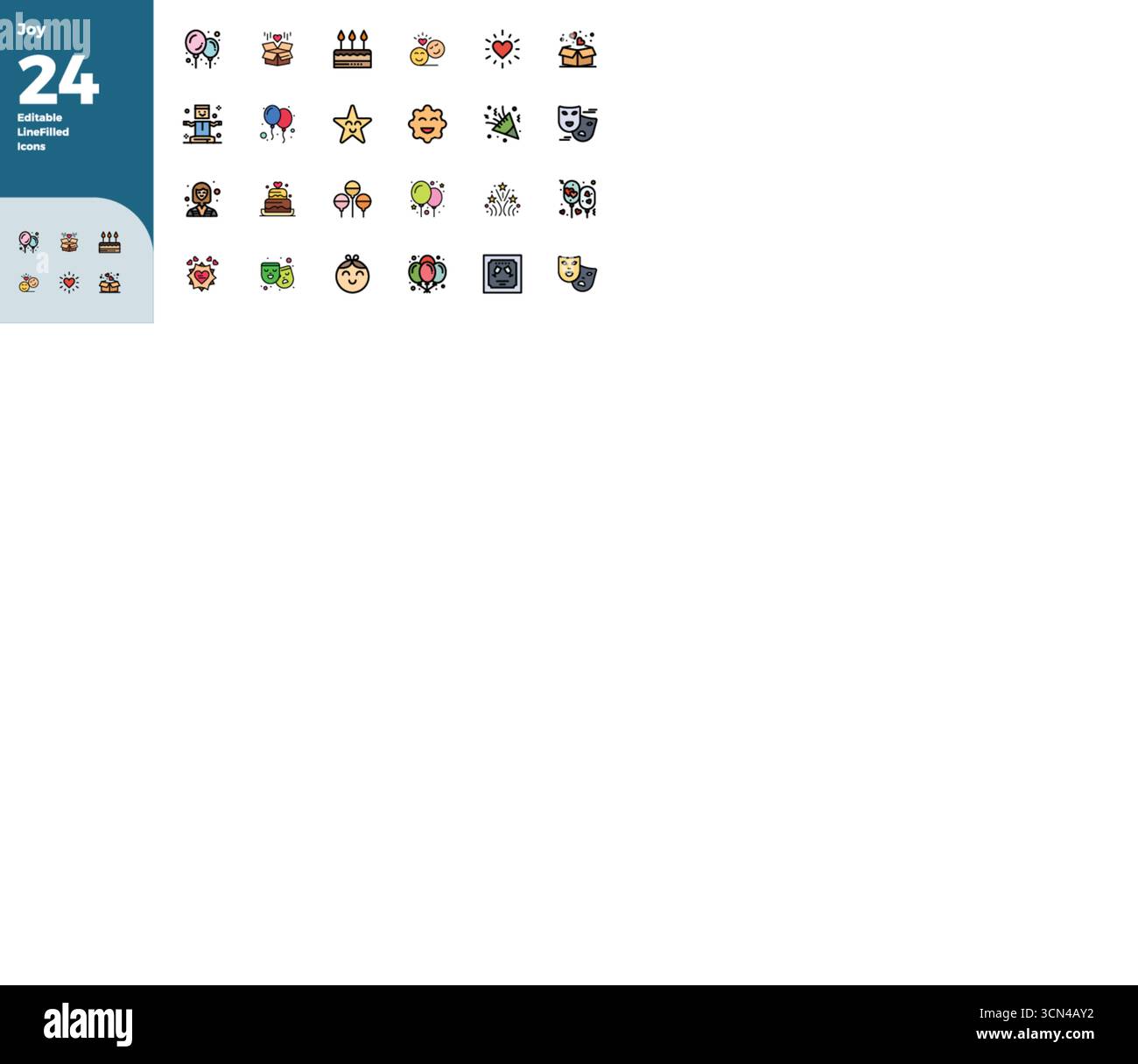 Essential Pack mit 24 PIXEL Perfect Vector Icons for Joy im Flat Line gefüllten Format, Größe 128x128 für optimale Leistung und Skalierbarkeit. Stock Vektor