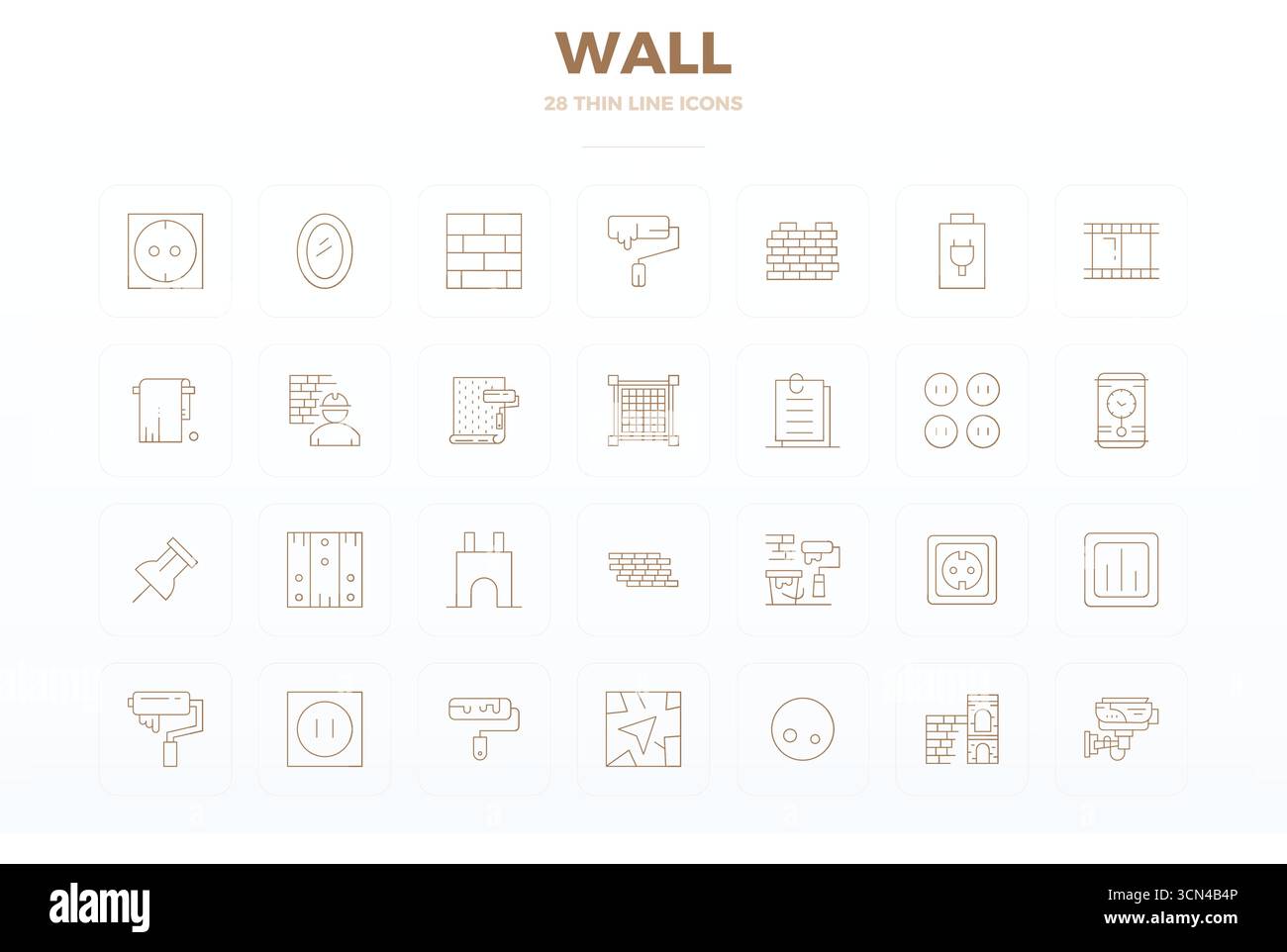 Ein vielseitiger Satz von 28 Thin Line PIXEL Perfect Vektorsymbolen mit Fokus auf die Wand, geliefert im gestochen scharfen Format 128 x 128, ideal für mobile und Web-Anwendungen. Stock Vektor