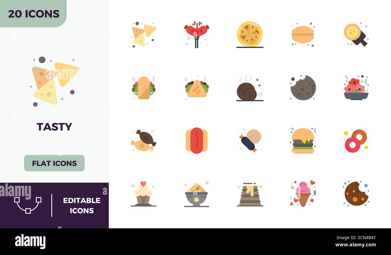 Von Experten entworfene 20 flache, bunte PIXEL perfekte Vektorsymbole für leckere, mit 128x128 Auflösung für fehlerfreie Integration und Leistung. Stock Vektor