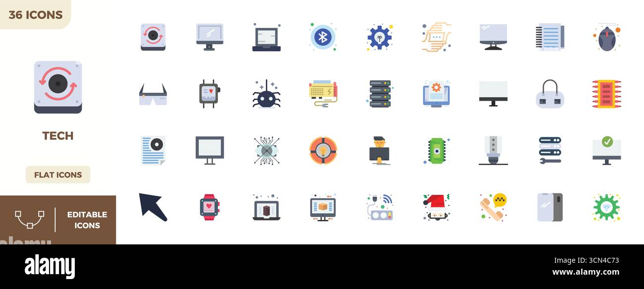 Intelligent gestaltete 36 PIXEL perfekte Vektorsymbole, die von Tech inspiriert wurden und im flachen bunten Format bei 128x128 für intelligente und effiziente Designarbeit erstellt wurden Stock Vektor