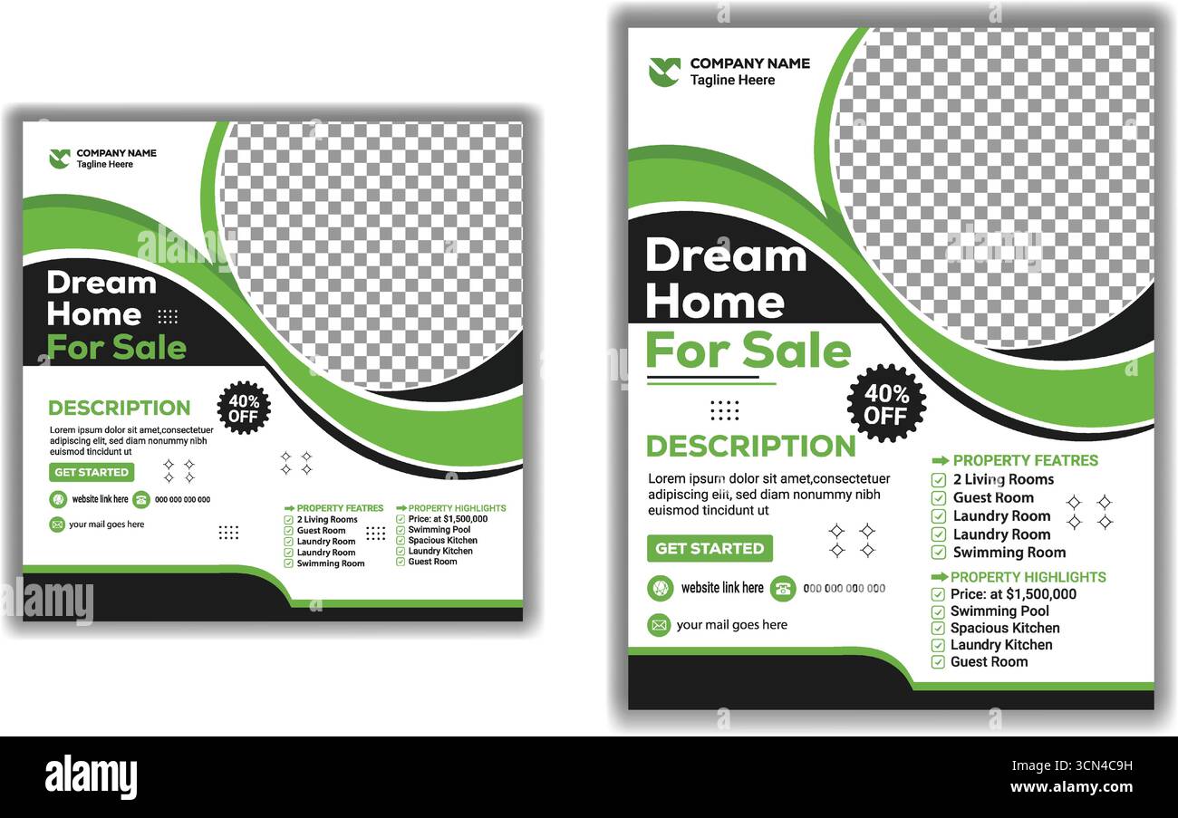 Kreative Immobilien Verkauf Flyer Vorlage Moderne grüne und schwarze Haus Promotion Poster Vektor Illustration Design Stock Vektor