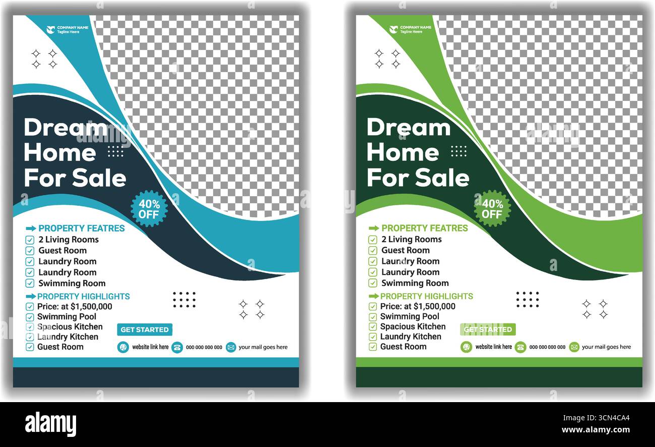 Kreatives Traumhaus zum Verkauf Flyer Vorlage Moderne Immobilien Business Promotion Poster Design in grünem und blauem Vektor Layout Stock Vektor