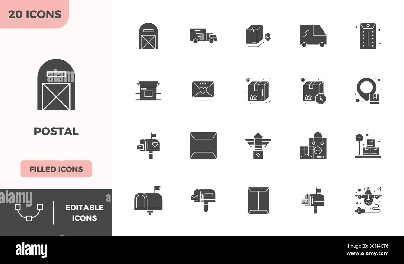 Optimieren Sie Ihre Projekte mit 20 Glyph-gefüllten Vektorsymbolen rund um Postal, mit einer perfekten Auflösung von 128x128 PIXELN, ideal für saubere und professionelle Anwendungen Stock Vektor