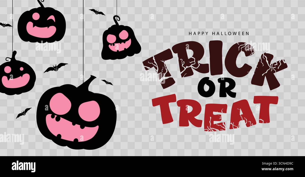 Gruselige Halloween Clipart Trick or Treat Text mit gruseligen Kürbissen und Fledermaus Illustration Stock Vektor