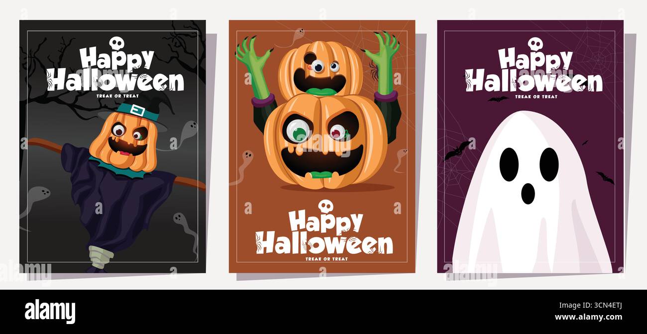 Happy Halloween Kürbis Hexe Vogelscheuche Poster, Spooky Trick or Treat Vektor Illustration Clipart Stock Vektor