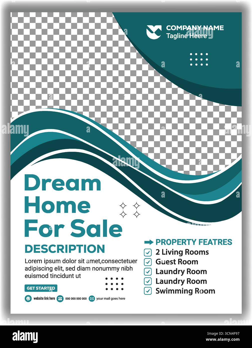 Modernes Traumhaus zum Verkauf Flyer-Vorlage kreative Immobilien Business Promotion Poster Design in blaugrünem Vektor-Layout Stock Vektor