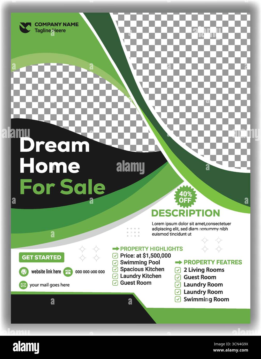 Kreatives Haus zum Verkauf Flyer | Moderne Immobilien Business Promotion Poster in grünem und schwarzem Vektor Illustration Design Stock Vektor