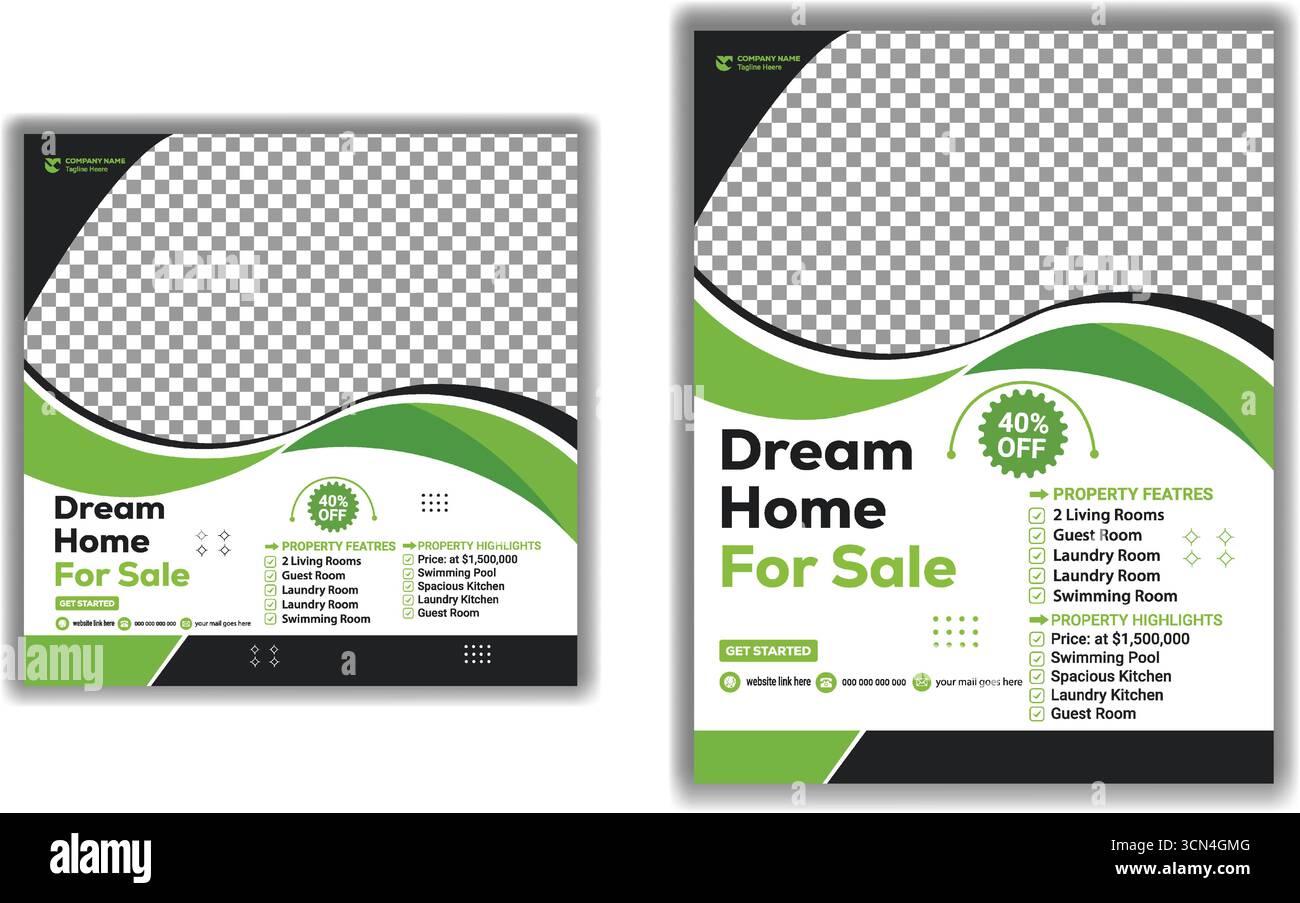 Modernes Immobilienhaus zum Verkauf Flyer Vorlage Grün und Schwarz Eigenschaft Promotion Poster Design und Social Media Vektor Illustration Design Stock Vektor