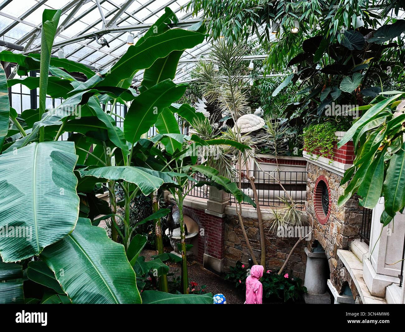 Kennett Square, Pennsylvania, USA - 15. April 2025: Tropische Pflanzen blühen in einem ruhigen Wintergarten mit lebhaftem Grün Stockfoto