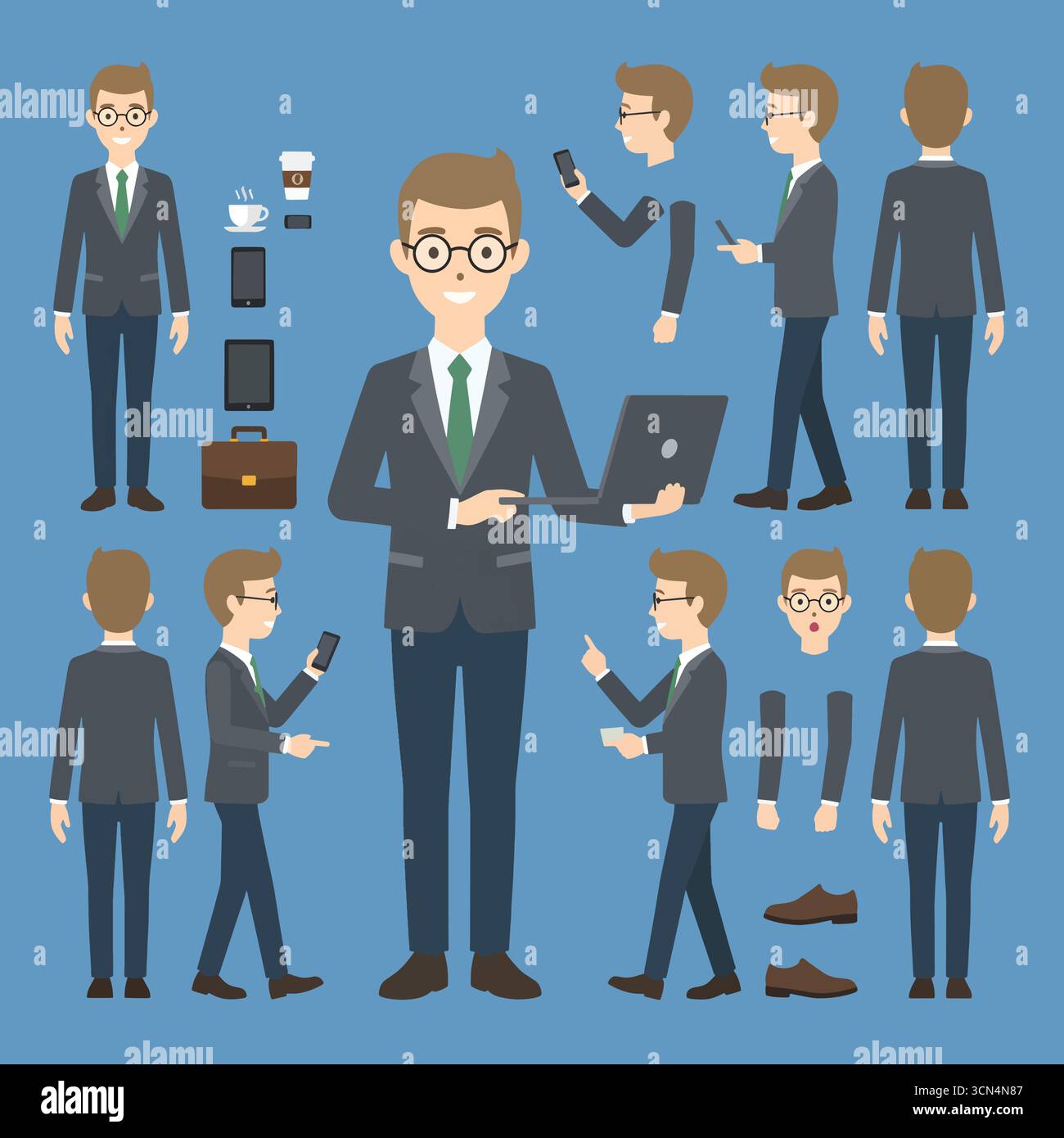 Geschäftsmann mit Laptop. Zeichenkonstruktor für Animation. Vorder-, Seiten- und Rückansicht. Körperteile, Körperhaltungen, Posen Sammlung. Vektor Stock Vektor