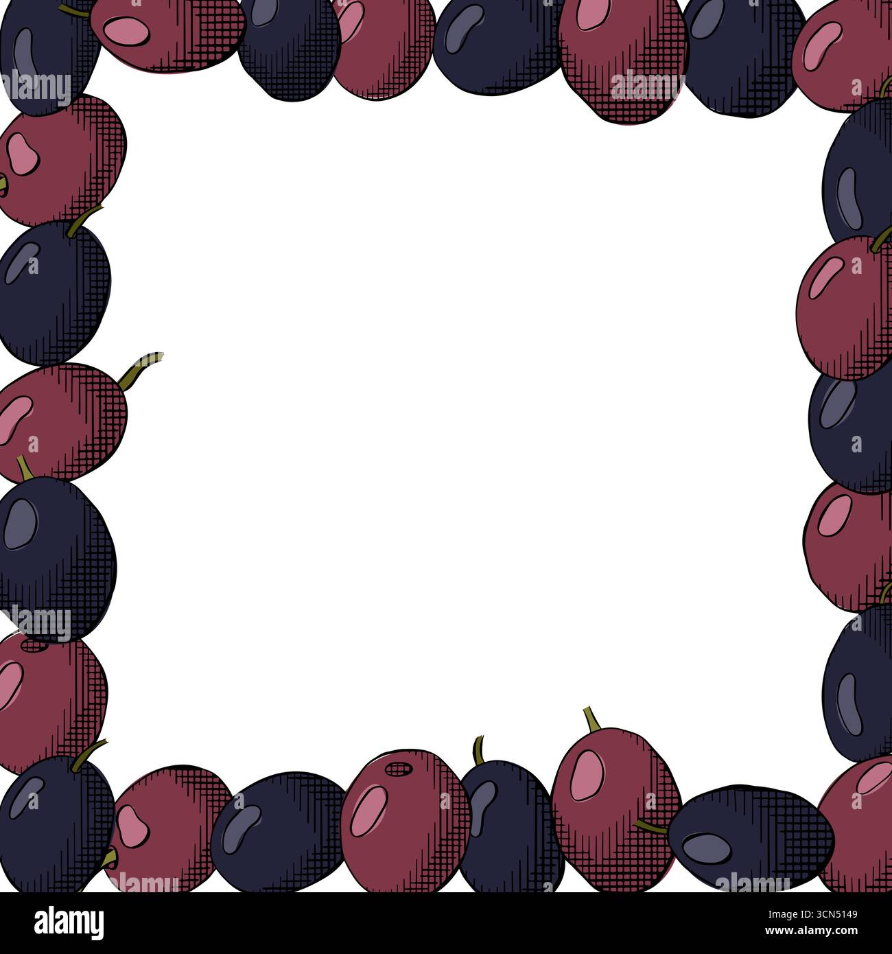 Quadratische Rahmenschablone aus Oliven schwarzen Beeren. Vektorgrafik Linie farbige Illustration. Silhouettenzeichen für Logo, Druck, Comics, Mode, Pop Art, Eber Stock Vektor