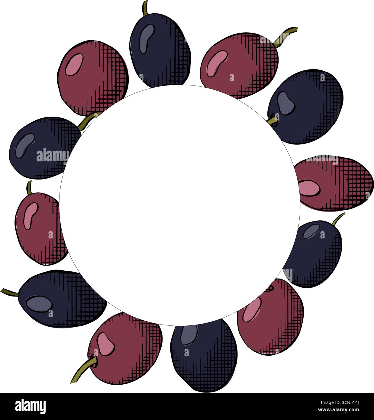 Quadratische Schablone mit schwarzem Beerenkreis. Vektorgrafik Linie farbige Illustration. Silhouettenzeichen für Logo, Druck, Comics, Mode, Pop Art, boa Stock Vektor