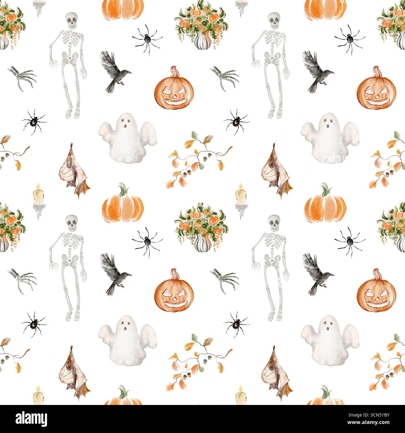 Nahtloses Halloween-Muster mit Skeletten und Kürbissen. Handgezeichnete Aquarellillustration für druckbare Kunst, Stoff und Hintergrunddesign. Stockfoto
