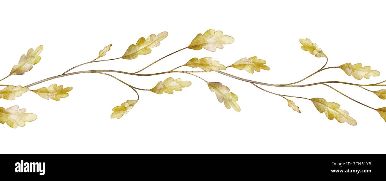 Aquarellrand mit Eichenzweigen und Herbstblättern. Illustration des botanischen nahtlosen Musters für Waldeinladungen und Grußkarten. Zeichnung einer Waldpflanze für Rahmenschablonen. Stockfoto