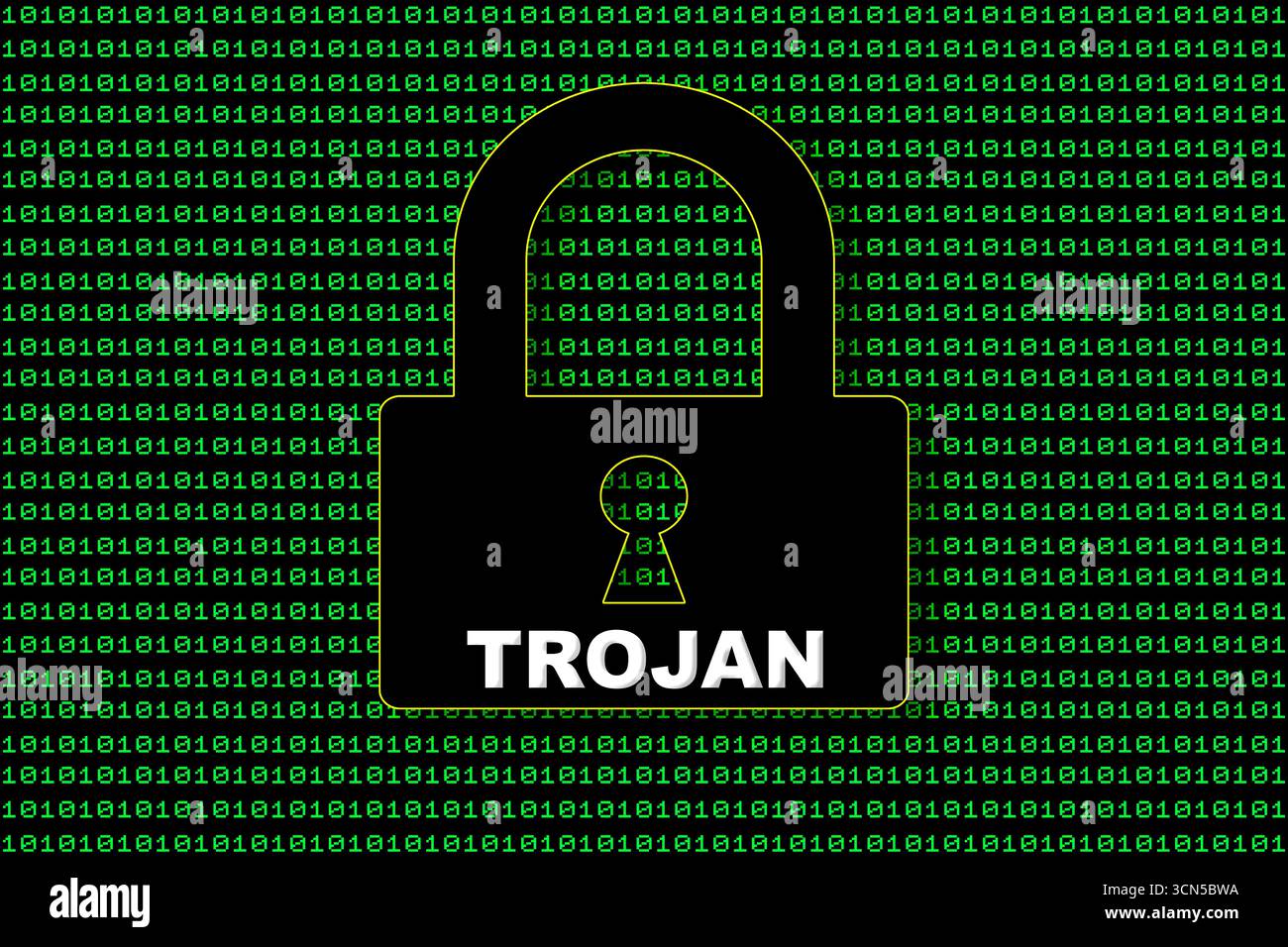 Ein digitales Vorhängeschloss mit Trojaner-Textabdeckung, das vor einem grünen Hintergrund mit sich überschneidenden Datenströmen von binärem Code platziert wird Stockfoto