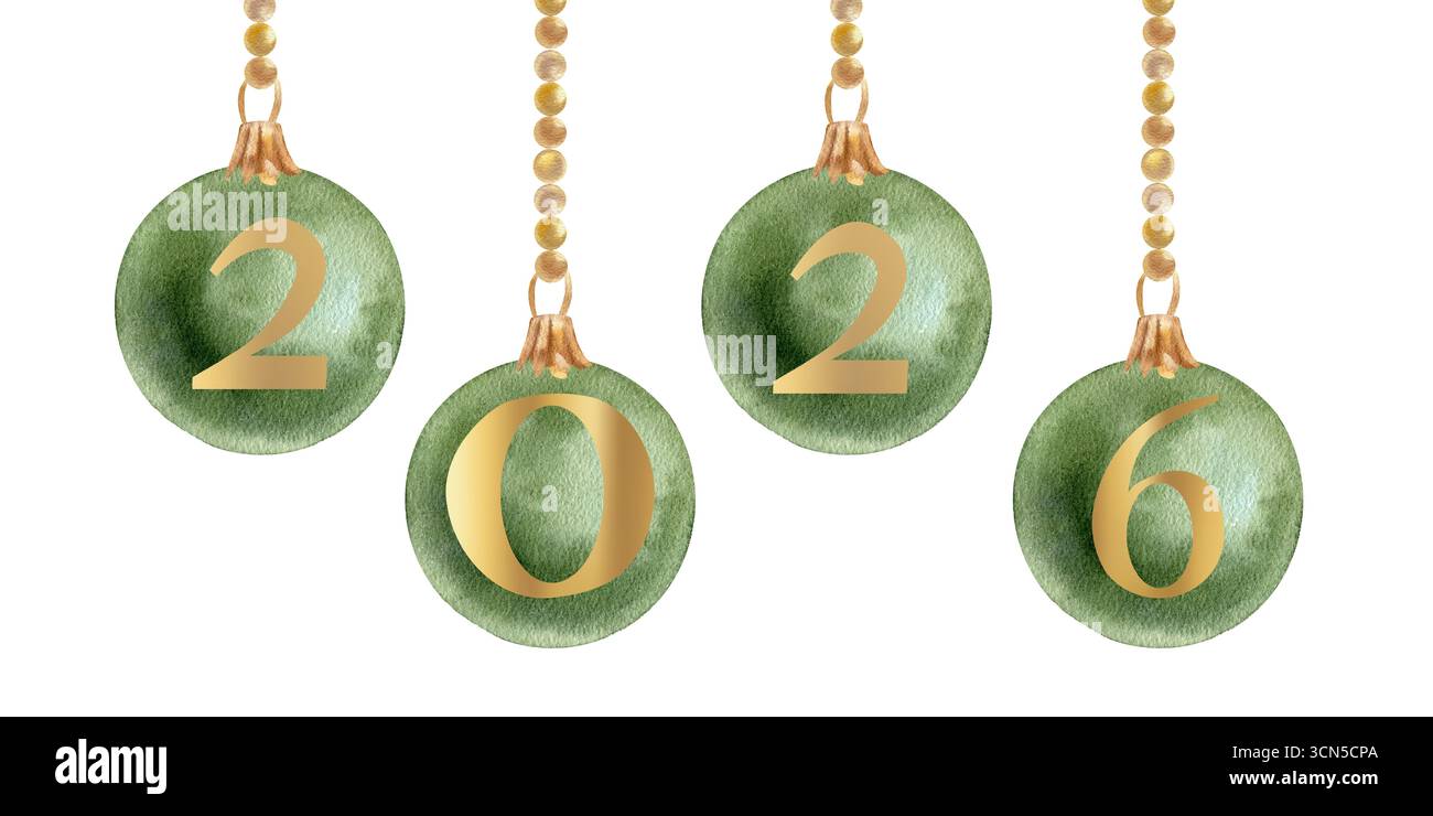 Weihnachtsbaumschmuck-Banner mit grünen Bällen auf goldener Girlande mit goldener Illustration des Neujahrs 2026. Traditionelles festliches cl Stockfoto