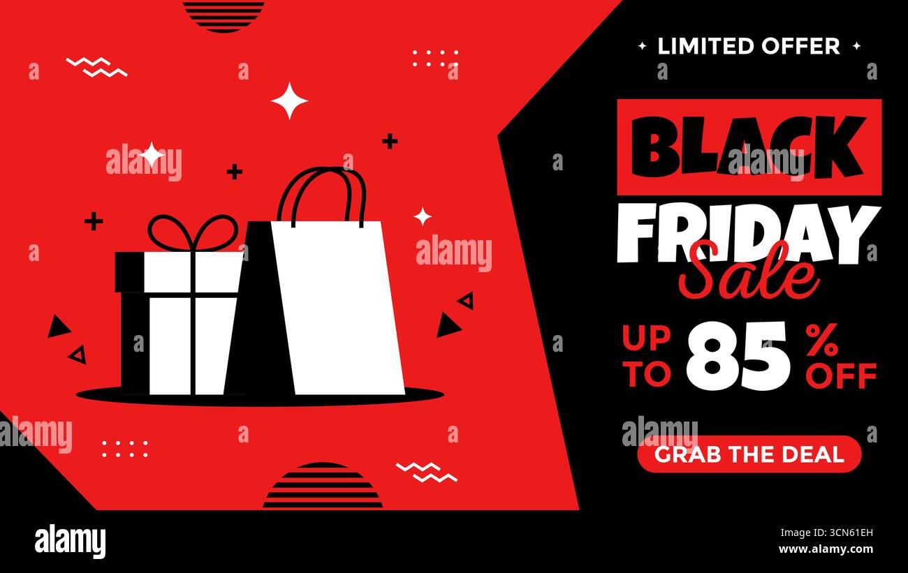 Auffälliges und modernes Black Friday-Werbebanner mit auffälligen Rot- und Schwarztönen, Shopping-Ikonen und dynamischen abstrakten Elementen, ideal für digitale Anzeigen. Stock Vektor