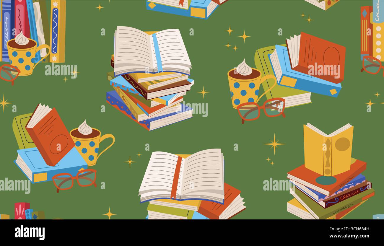 Nahtloses Cartoon-Muster mit Buch, Stapeln, Lesebrillen und Kakaobecher. Niedliche bunte handgezeichnete Clipart für Studium, Bildung, Bibliothek, Stock Vektor