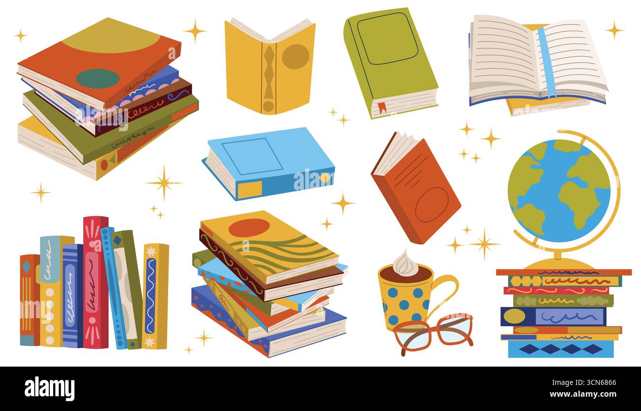 Flaches Cartoon-Set mit Buchstapel, Globus, Leseglas und Kakaobecher. Niedliches handgezeichnetes Clipart für Studium, Schule, Bildung, Wissen, Akademiker Stock Vektor
