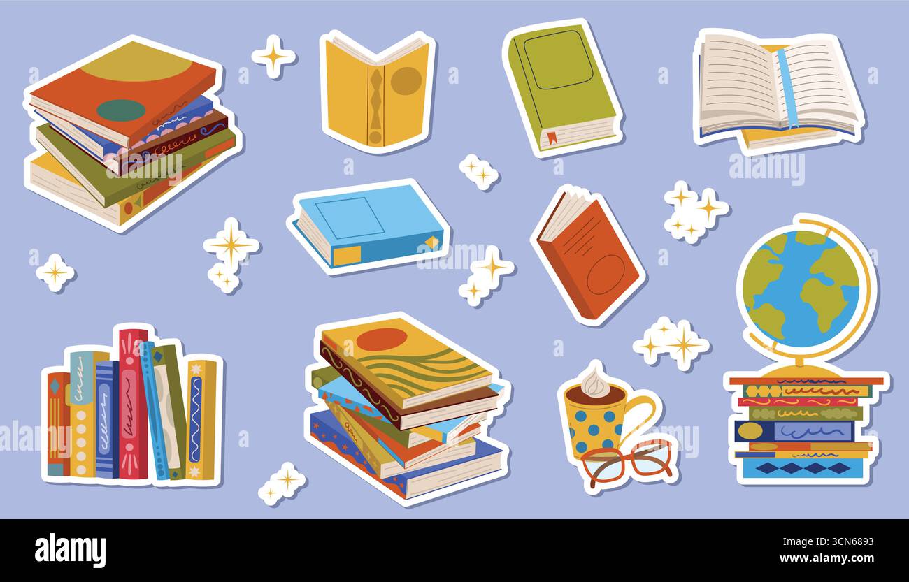 Plakate-Set mit Aufklebern im Zeichentrickstil mit Kompositionen aus Buchstapel, Globus, Leseglas, Sternen und Kakaobecher. Niedliches handgezeichnetes Clipart zum Studium, scho Stock Vektor