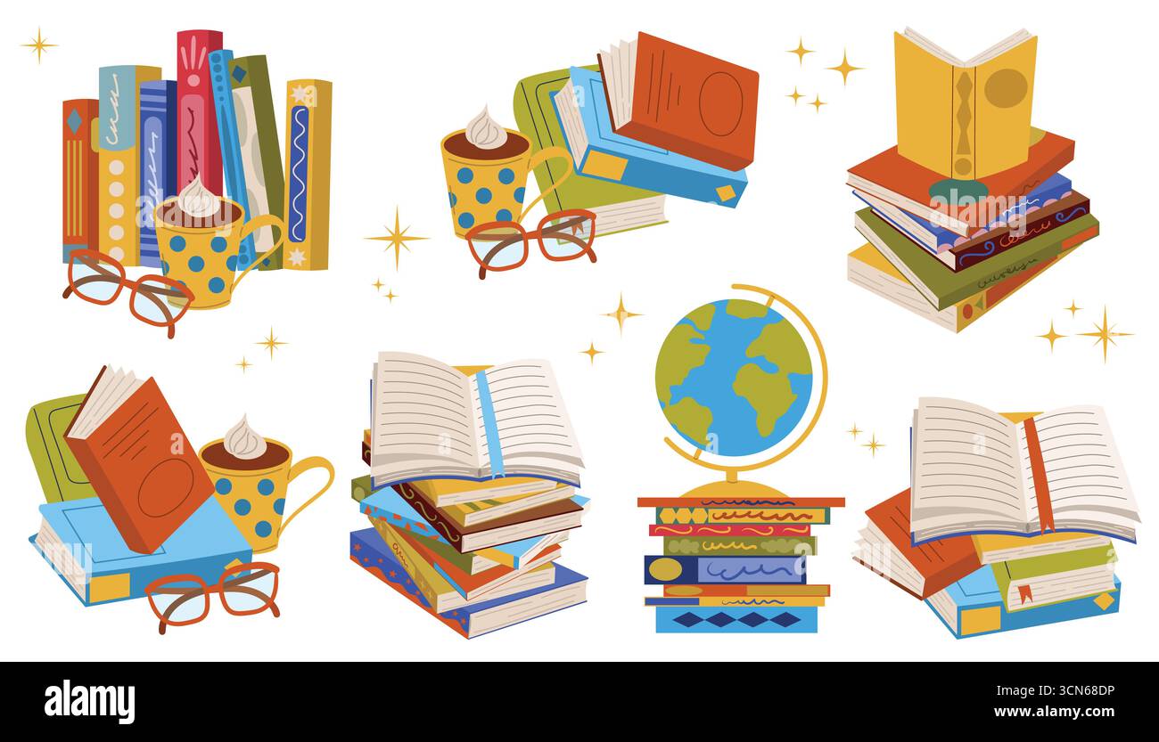 Compositionen im flachen Cartoon-Stil mit Buchstapel, Globus, Leseglas und Kakaobecher. Niedliches handgezeichnetes Clipart für Studium, Schule, Bildung, Kno Stock Vektor
