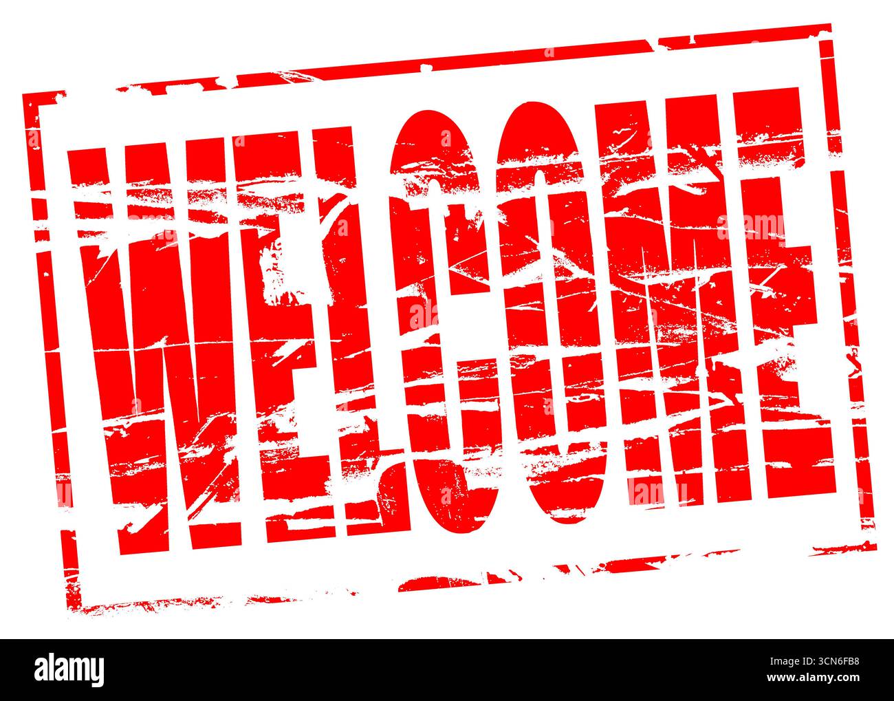 Digitales Composite. Red Rubber STAMP Effect Welcome UK, USA, USA, England, Australien, Australien, Südafrika, Besucher, Besucher, Touristen Stockfoto