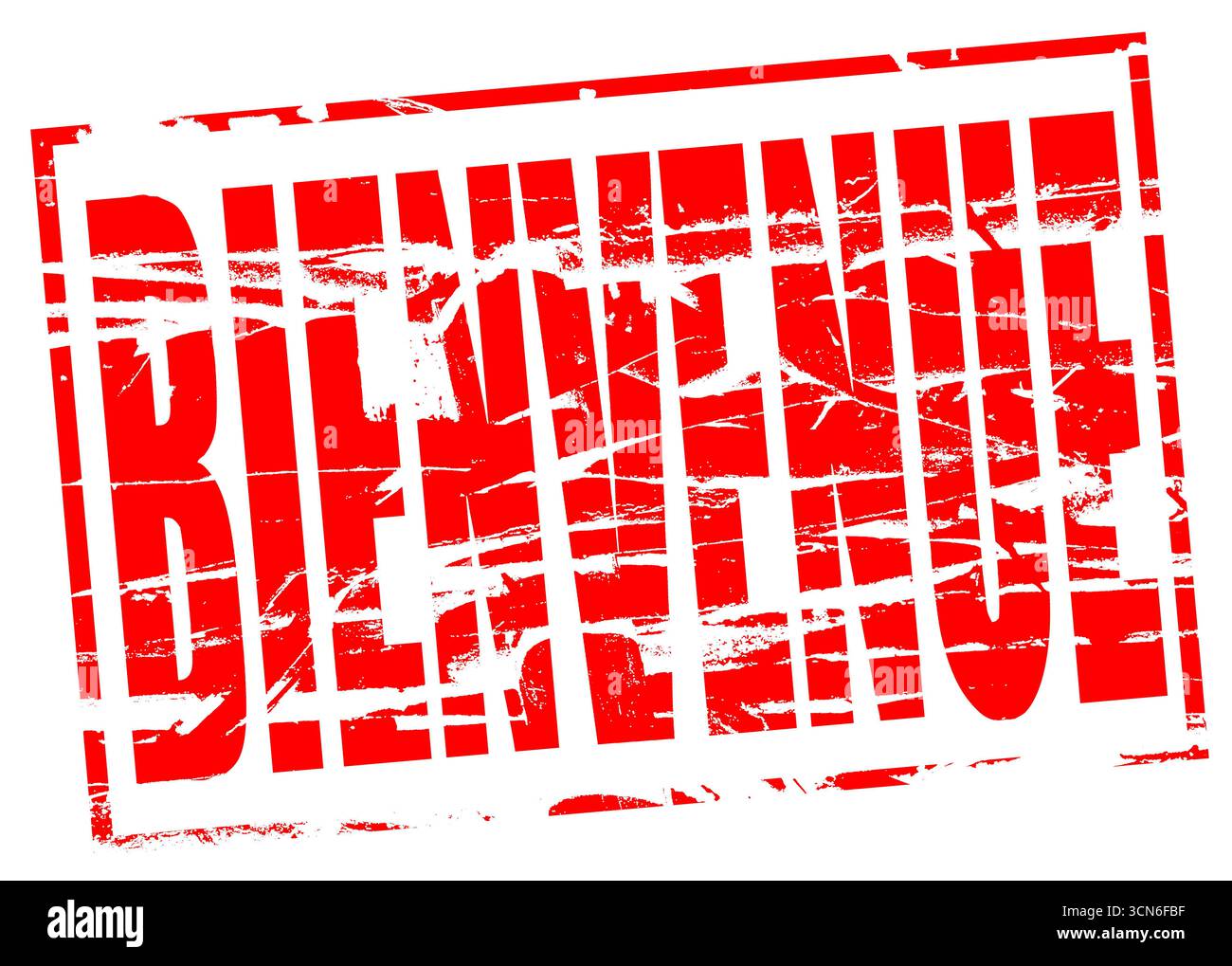 Digitales Composite. Red Rubber stamp Effect Bienvenue (Willkommen auf Französisch) Frankreich, Québec, Wallonien, Schweiz, Besucher, Besucher, Tourismus, Tourismus Stockfoto