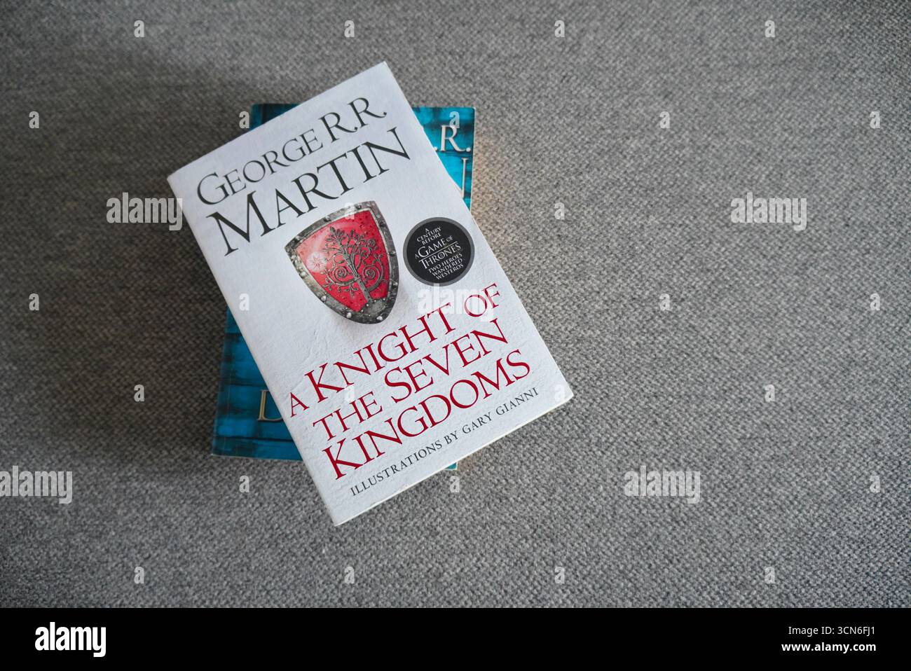 Ein Buchcover von „A Knight of the Seven Kingdoms“ von George R. R. Martin mit einem mittelalterlichen Design, das mit Fantasy-Literatur in Verbindung steht. Stockfoto