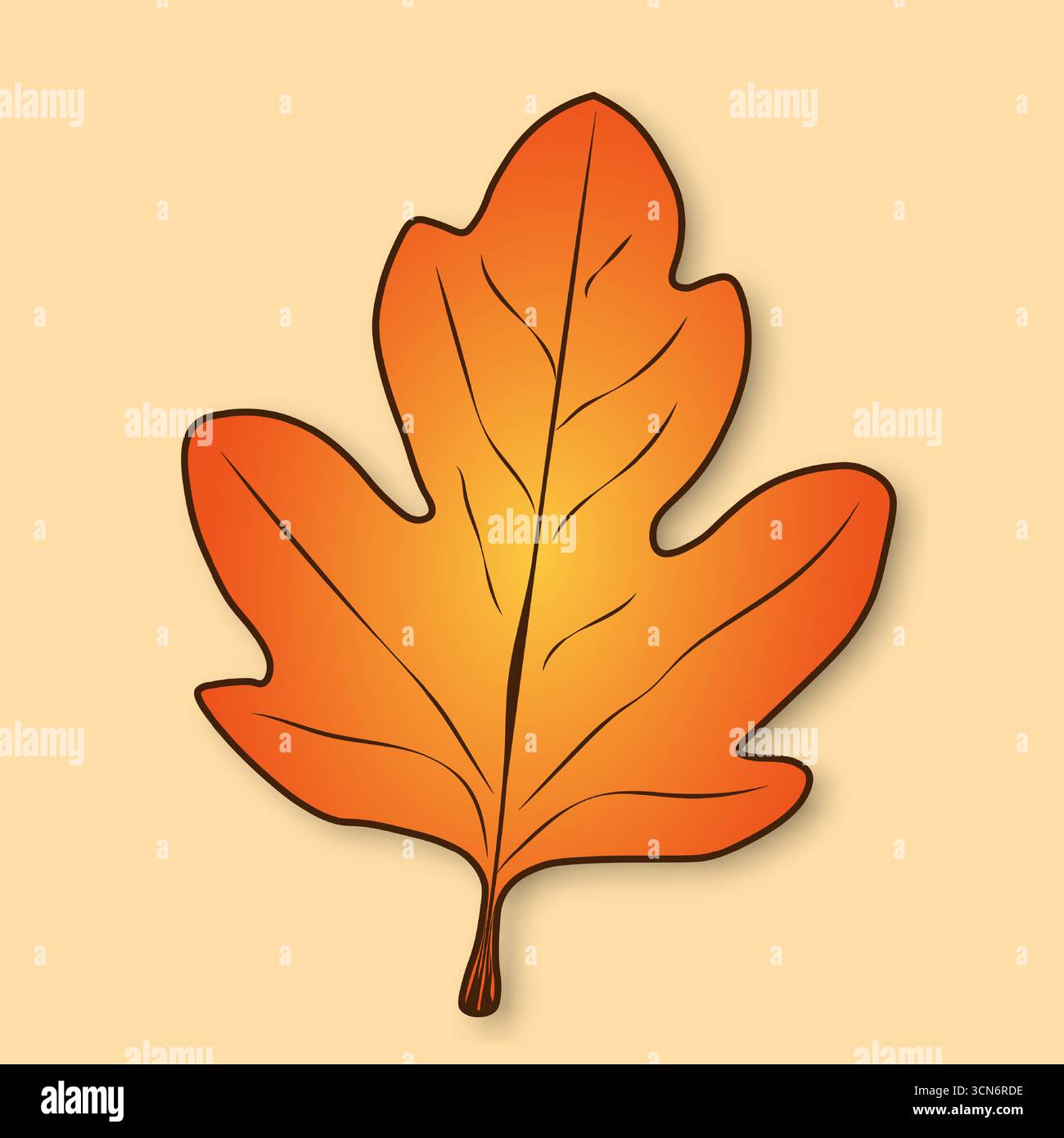 Orange-gelbes, einfaches Herbstblatt eines Baumes mit Schatten auf beigefarbenem Hintergrund. Stock Vektor