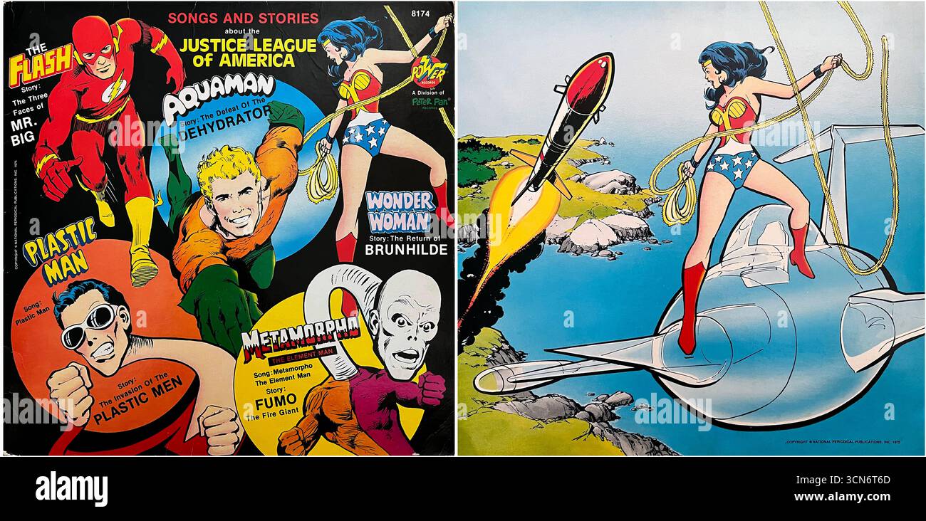 1975 Lieder und Geschichten über die Justice League of America, Vorder- und Rückseite Stockfoto