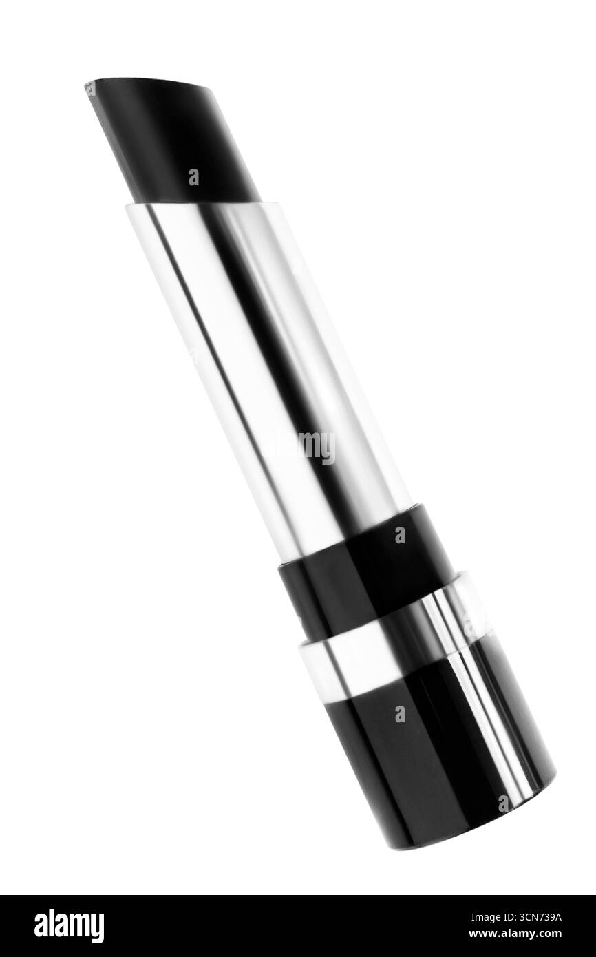 Schwarzes mattes Metallrohr mit Lippenstift isoliert auf weißem Hintergrund Stockfoto