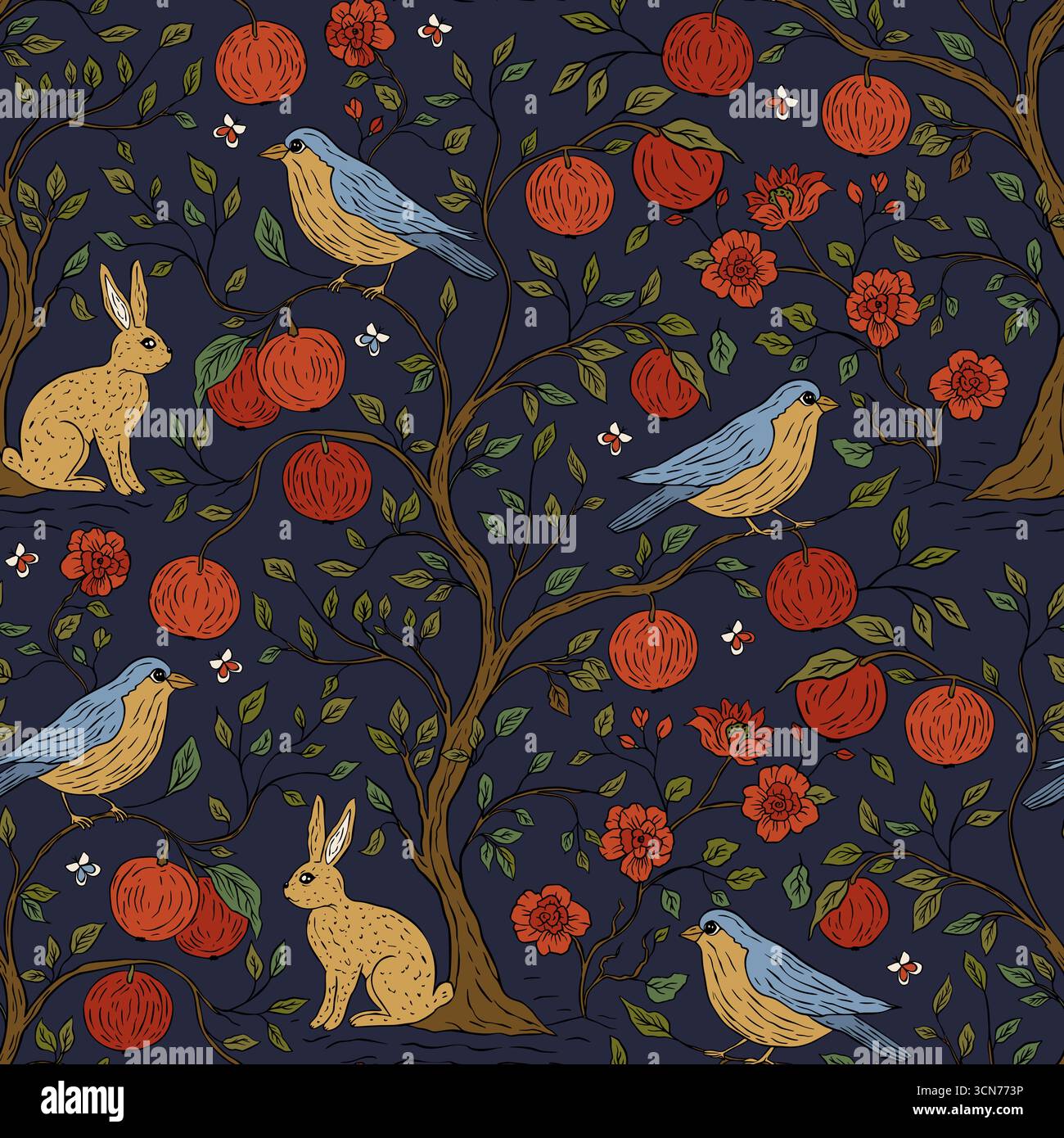 Skurrile Böhmische Boho Garden Nahtlose Muster Mit Kaninchen Vogel Apfelfrucht Baum Blühende Blume Und Dekorative Reben Stock Vektor